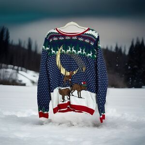 Ugly Christmas Sweater L 3 Wolves Under The Moon Christmas Hats Shooting Star